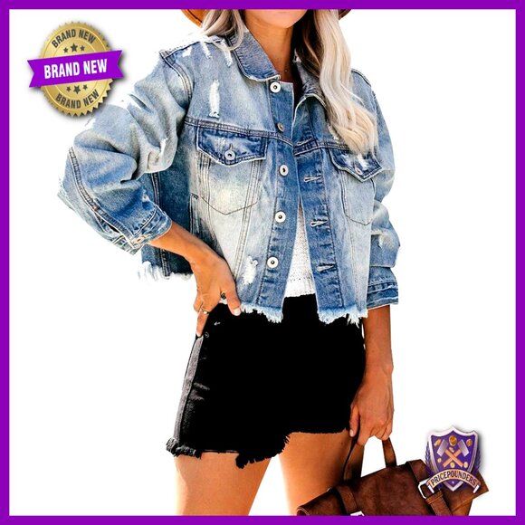 Distressed Denim Jacket Cropped Oversized Boyfriend Fit Vintage Y2K Chic